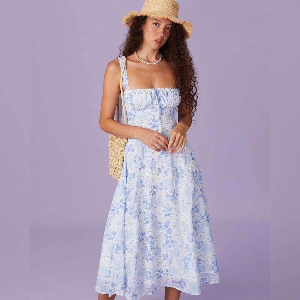 RIHOAS The Blue Square Neck Floral Ruched Midi Dress M